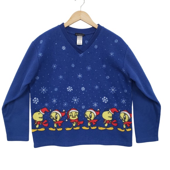 Classic Looney Tunes Collection Tops - Vintage Y2K Classic Looney Tunes Tweety‎ Bird Christmas Fleece Sweater V Neck